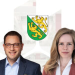 Dr. Caroline Obolensky (TIDIT) and Jérôme Müggler (IHK Thurgau) in front of the Thurgau coat of arms