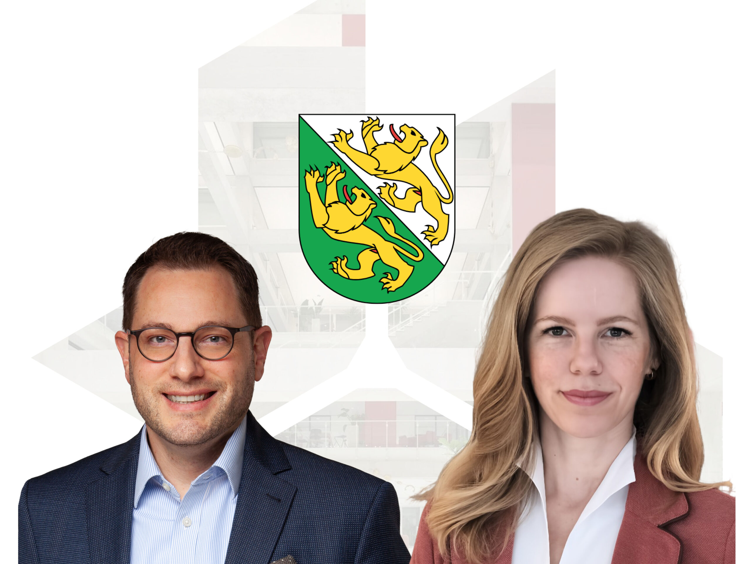 Dr. Caroline Obolensky (TIDIT) and Jérôme Müggler (IHK Thurgau) in front of the Thurgau coat of arms
