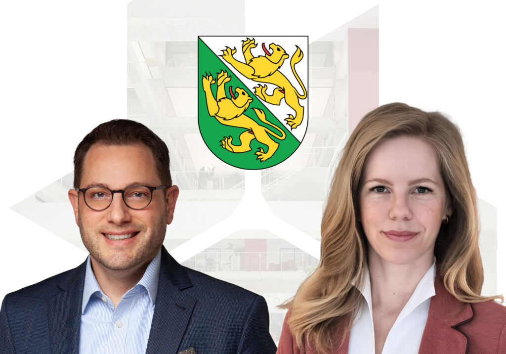 Dr. Caroline Obolensky (TIDIT) and Jérôme Müggler (IHK Thurgau) in front of the Thurgau coat of arms