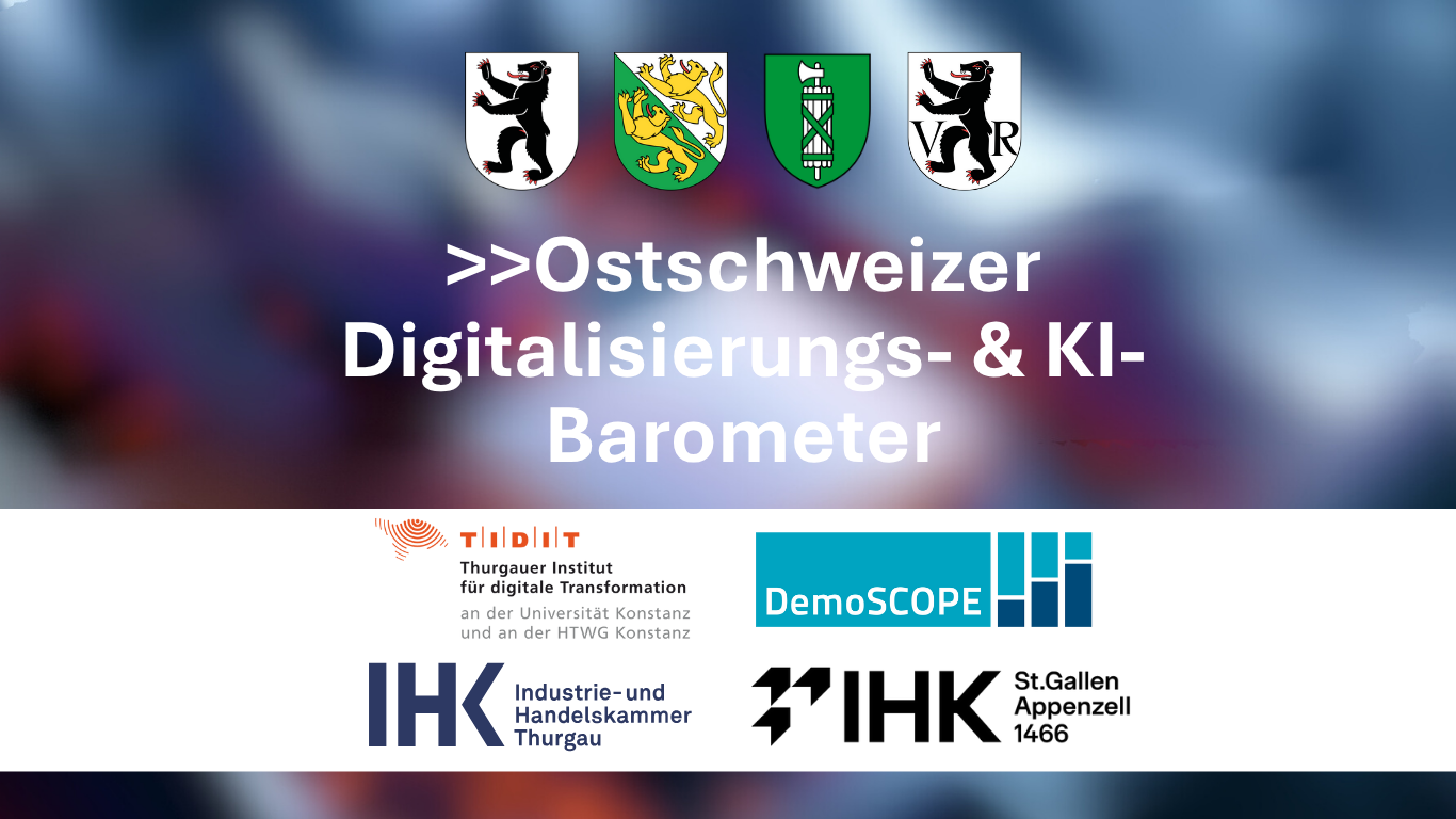 Banner für das Ostschweizer Digitalisierungs und KI-Barometer mit Logos von TIDIT, IHK und DemoSCOPE